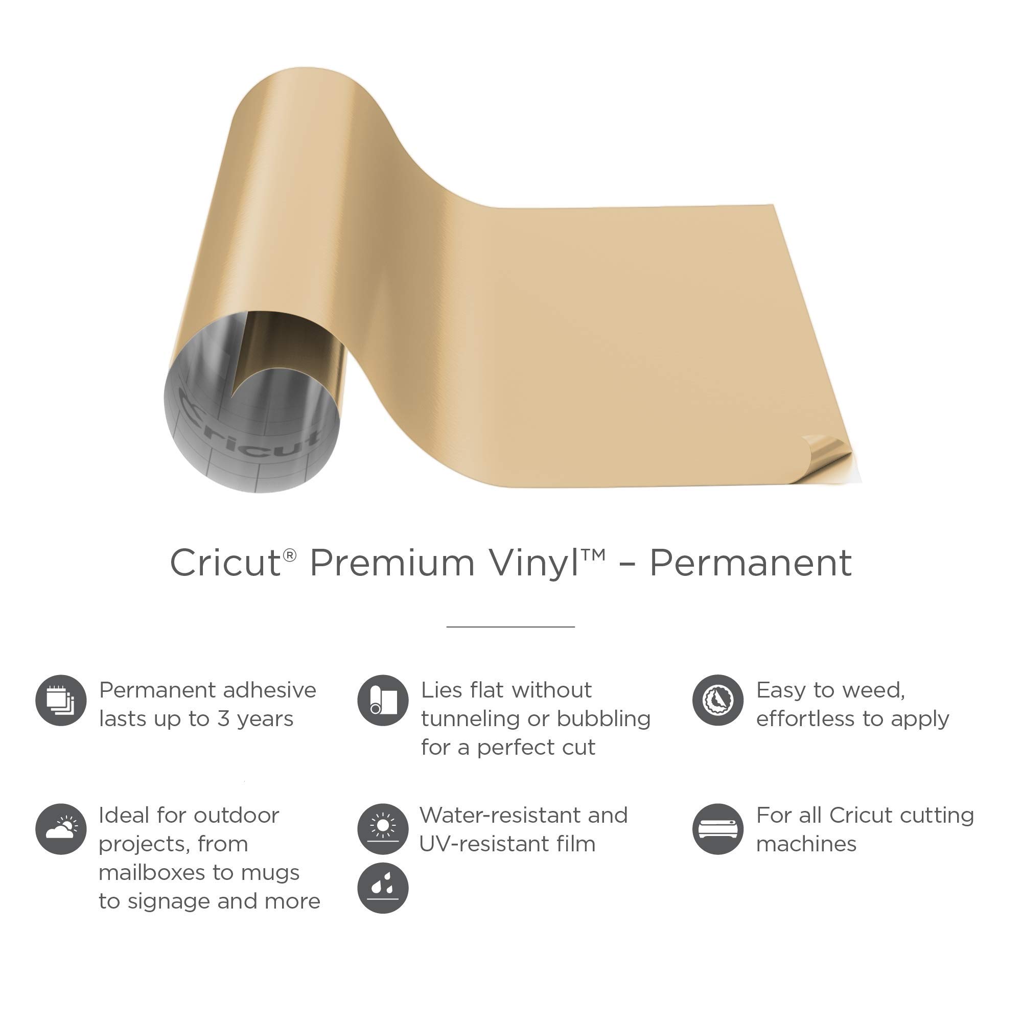 Cricut Premium Permanent Vinyl Roll (12 in x 15 ft), Weather-Resistant, Dishwasher-Safe & Fade-Proof, Compatible w Cricut Cutting Machines, Create Signs, Labels, & Personalize DIY Project, Silver/Gold