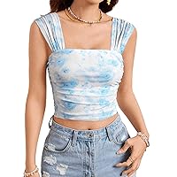 SHENHE Women's Floral Tie Dye Wide Strap Square Neck Ruched Casual Fitted Crop Tank Top