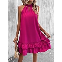 Women's Dress Dresses for Women Keyhole Neck Layered Ruffle Hem Halter Dress Dresses for Women (Color : Hot Pink, Size : Small)