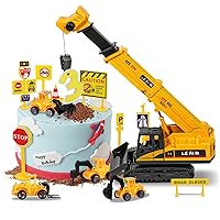 RAYNAG 16 Pieces Construction Cake Topper Vehicles Cake Decoration Set Construction Birthday Party Supplies Large Crane Excavator Traffic Road Sign Cake Topper for Kids Birthday Party Supplies Favours