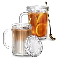 Combler Glass Coffee Mugs, 13oz Clear Coffee Mug with Lid and Spoon, Ribbed Tea Cup Set of 2, Coffee Accessories for Apartment Essentials, House Warming Gifts New Home