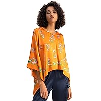 LilySilk Womens Pure Silk Poncho Ladies Floral Print Bright Blouse for Party Daily Casual Weal Tops Spring Summer Fall Shirts(Orange Waltz Pattern)