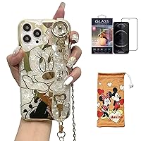 Cartoon Case for iPhone 15 Pro Max 6.7'' with HD Screen Protector, Minnie Mouse with Wrist Strap Kickstand Metal Chain Strap Soft TPU Shockproof Protective for Girls Women