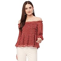 Printed Off-Shoulder Tops, Women’s Smocked Full Sleeve Casual Vacation Top