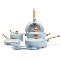 GreenPan Rio Essence Wood 10 Piece Cookware Pots and Pans Set, Healthy Ceramic Nonstick, PFAS PFOA Free Coating, Induction, Silicone Rim Lids, Stay-Cool Wood Print Handles, Dishwasher Safe, Blue