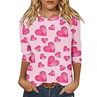 Valentine's Day Shirt Women Plus Size Crewneck Love Heart Graphic Tees Letter Print 3/4 Sleeve Tops Blouse