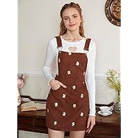 Dresses for Women Floral Embroidery Corduroy Overall Dress Without Tee (Color : Rust Brown, Size : Large)