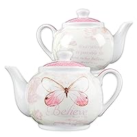 Christian Art Gifts Women's Ceramic Botanical Teapot: Believe - Mark 9:23 Inspirational Bible Verse w/Gift Box, Lead/Cadmium-free, Microwave, Dishwasher & Freezer Safe, Pink Butterfly Floral, 30 oz.