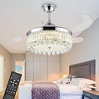 42''Reversible Crystal Ceiling Fans with Lights, Stepless Dimming LED Chandelier Ceiling Fan with Remote Control Invisible Retractable Blades Crystal Fandelier Ceiling Fan Light for LivingRoom Bedroom