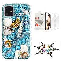 STENES Sparkle Case Compatible with iPhone 13 Pro Max - Stylish - 3D Handmade Bling Mermaid Shell Crystal Rhinestone Glitter Design Cover Case with Screen Protector [2 Pack] - Blue