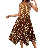 Sun Dress Long Sparkly Dresses for Women 2024 Summer Print Fashion Casual Flowy Elegant with Sleeveless Crewneck Tunic Dress Gold Medium