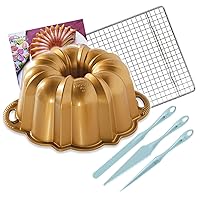 Nordic Ware Original Gold Anniversary Bundt Pan Holds 12 Cups + Recipe Card,With Bundt Finishing Tool Kit + Baking and Cooling Rack
