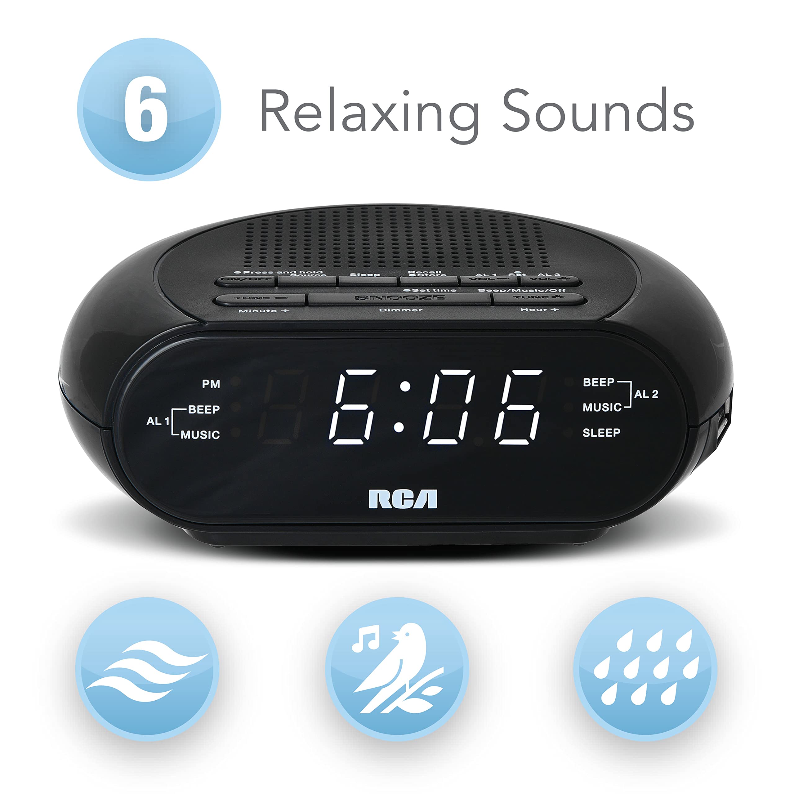 RCA RCS27 Digital Radio Alarm Clock with Soothing Sounds, Brightness Control, and USB Charging Port