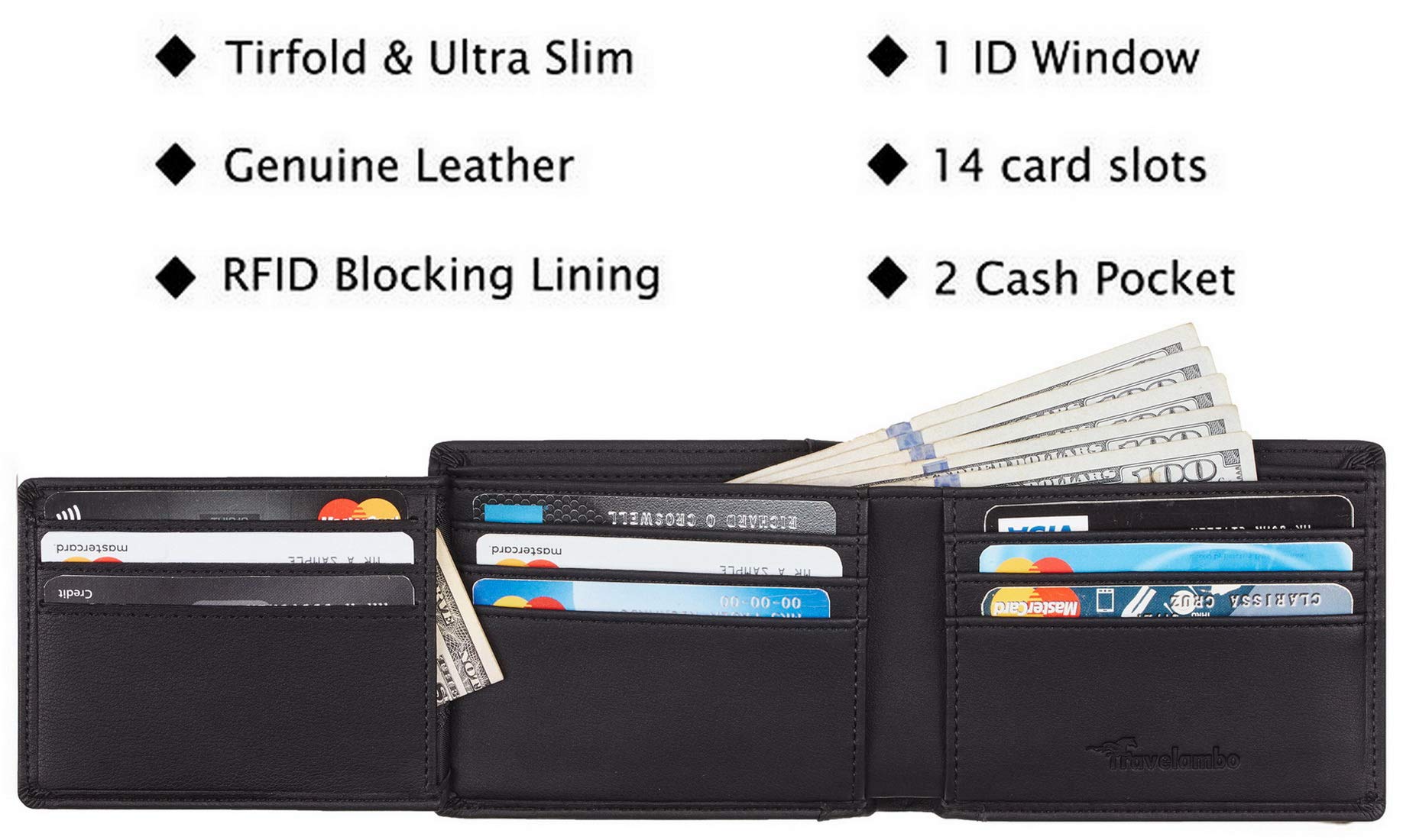 Travelambo Genuine Leather RFID Blocking Wallets Mens Wallet Bifold Left ID