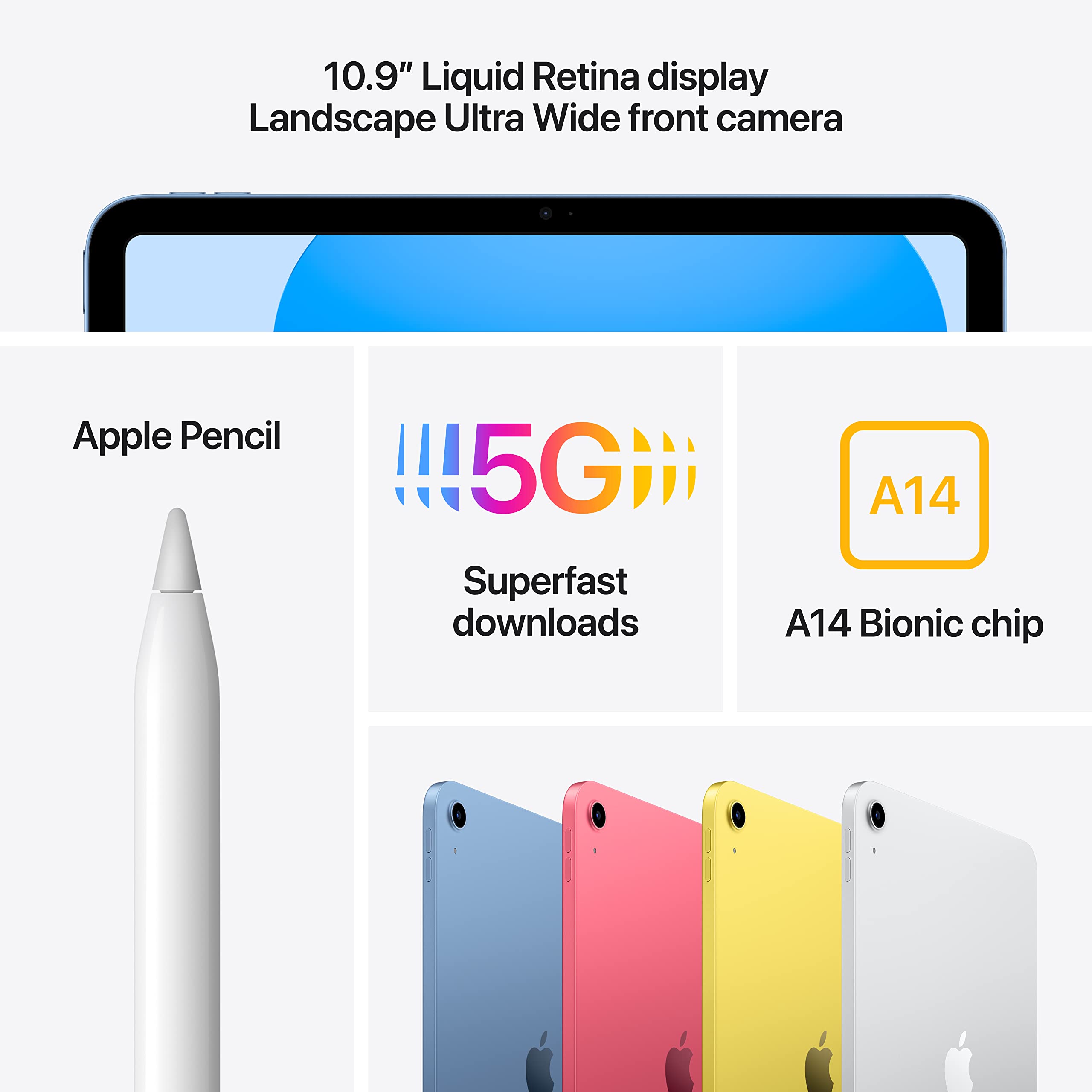 Apple iPad (10th Generation): with A14 Bionic chip, 10.9-inch Liquid Retina Display, 64GB, Wi-Fi 6 + 5G Cellular, 12MP front/12MP Back Camera, Touch ID, All-Day Battery Life – Blue