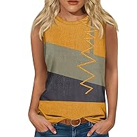 Work Tops for Women Sleeveless Crewneck Tshirts Shirts Striped Patchwork Print Tees Tunic Summers Loose Fit Blouses