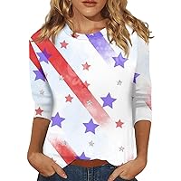 Women's 3/4 Sleeve Blouse Fourth of July Women's Tops Fit Print Solid Color Women's Cute Basic Tee 2024