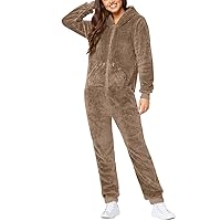 Women Sweatshirt Style One Piece Pjs Fleece Warm Hooded Drawstring Zipper Jumpsuit Plus Size Solid Onesie Pajamas