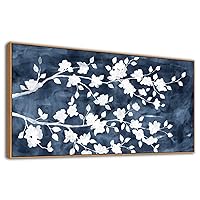 Framed Flowers Canvas Wall Art - Gray White Tree Floral Pictures Wall Decor White Blossom Deep Indigo Blue Background Painting Artwork for Living Room Bedroom Home Decor 24