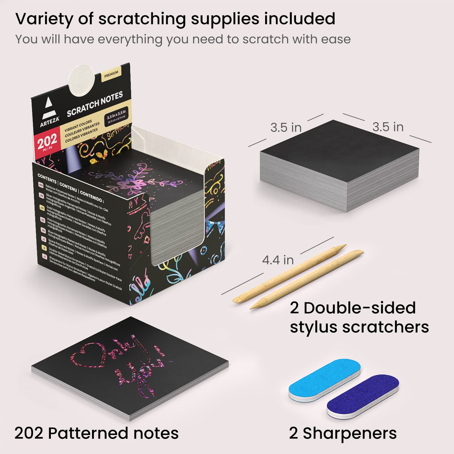 ARTEZA Scratch Paper, Set of 202 Notes, 3.5 x 3.5 Inches, 200 Holographic — Gold, Silver, Pink, and Blue, and 2 Gold-Foil Star Backgrounds, 2 Scratchers, 2 Sharpeners, Art Supplies for Craft and DIY