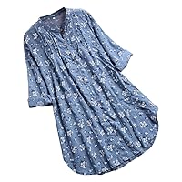 Linen 2024 Tops for Women Graphic 3/4 Sleeve Cotton Summer Shirts V-Neck Loose Fit Western Peplum Crinkle Gauze Sheer