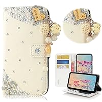 STENES Bling Wallet Phone Case Compatible with Samsung Galaxy A15 5G Case - Stylish - 3D Handmade Heart Pendant Flowers Design Magnetic Wallet Stand Girls Women Leather Cover - White