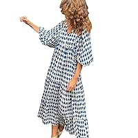 Retro 2024 Dress for Women Print Flare Party Bodycon Top 3/4 Sleeve Going Out Peplum Loose Boho Knee-Length A-Line