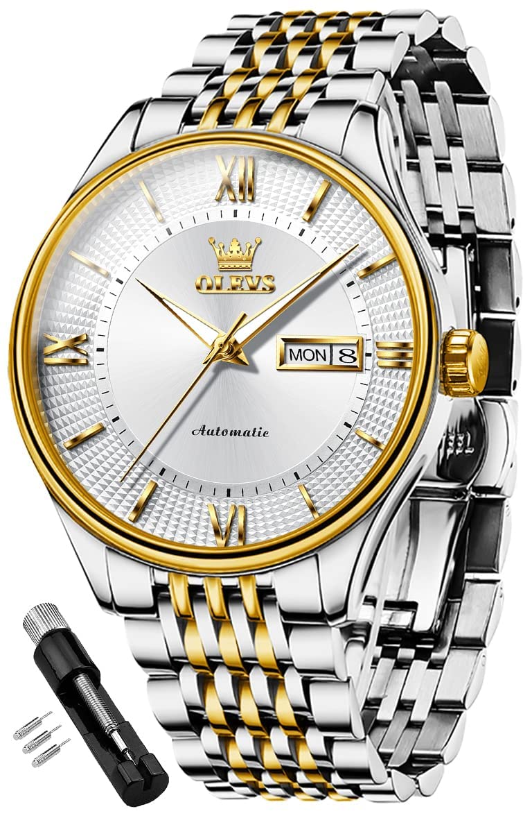 OLEVS Herren-Automatikuhr, Business, Luxus, selbstaufziehend, mechanische Armbanduhr, Edelstahl, wasserdicht, leuchtendes Tag, Datum