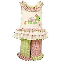 Little Girls 2T-6X White/Pink Ruffly Turtle Applique Seersucker Dress/Capri Set