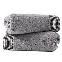 Grey Hand Towel Set of 2 Soft Absorbent Face Towels 100% Cotton Terry & Woven Striped Borderd Pattern Decorative Hand Towels for Bathroom 13 X 29 inch