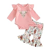 Baby Girls Summer Outfit Short Sleeve Romper Tops Floral Cattle Print Flared Pants Headband Toddler Baby Clothes Set