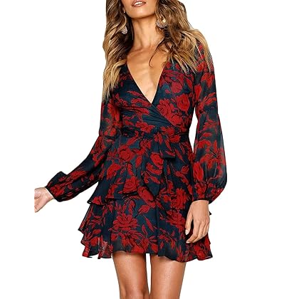 UGUEST Women Long Sleeve V Neck Dress Floral Mini Swing Party Wedding Dress with Belt Charcoal Red S