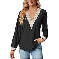 YZHM Womens Shirts Dressy Casual V Neck Spring Fall Tops Patchwork Work Blouses Trendy Tunic Tops Fashion Tshirts Comfy Tees
