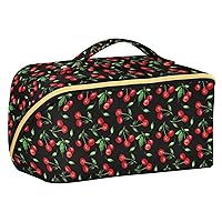 ALAZA Cherry Green Leaves Makeup Bag Travel Cosmetic Bag Portable Zipper Cosmetic Pouch with Handle and Divider for Women Collage Dorm Business Trip