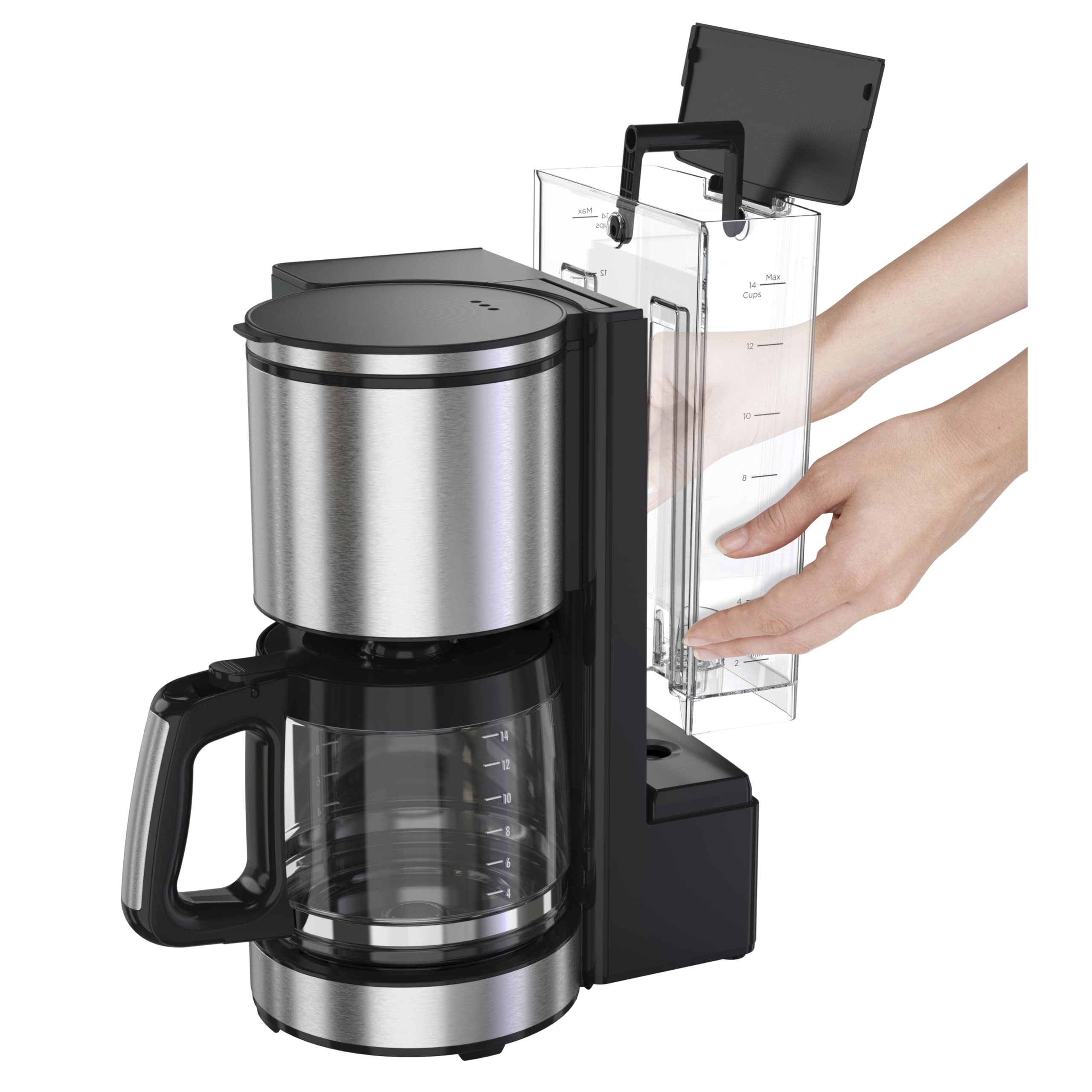 Hamilton Beach 14 Cup Programmable Coffee Maker with Easy Measure Light Up Reusable Filter, Removable 70 Oz. Water Reservoir, Black and Stainless Steel