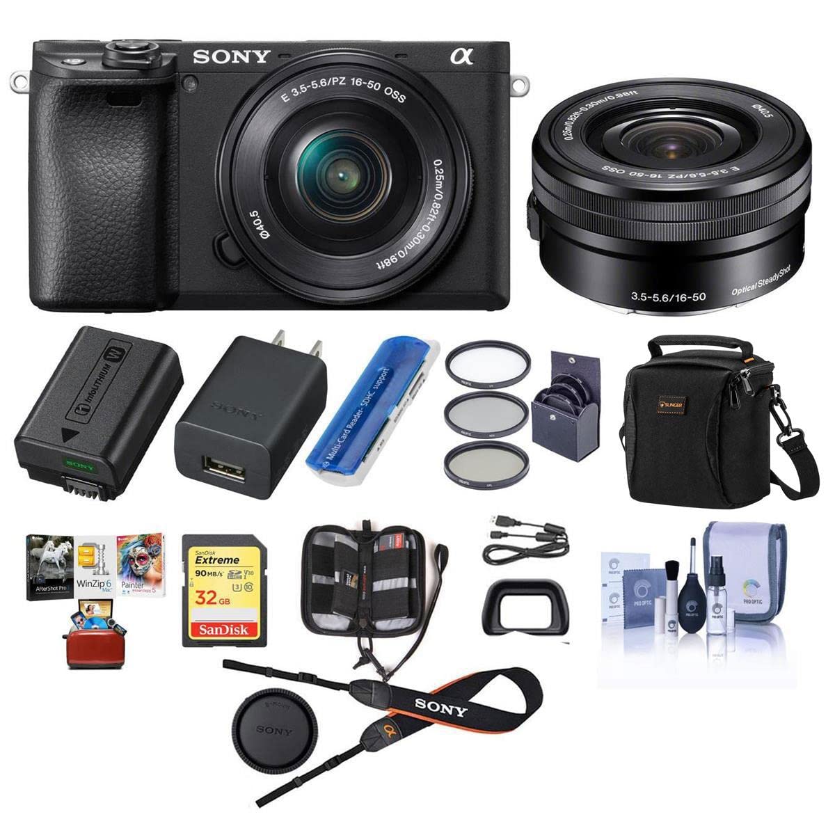Sony Alpha a6400 24.2MP Mirrorless Digital Camera with 16-50mm f/3.5-5.6 OSS Lens - Bundle with Camera Case, 32GB SDHC Card, 40.5mm Filter Kit, Card Reader, Memory Wallet, With Software (Mac Software)