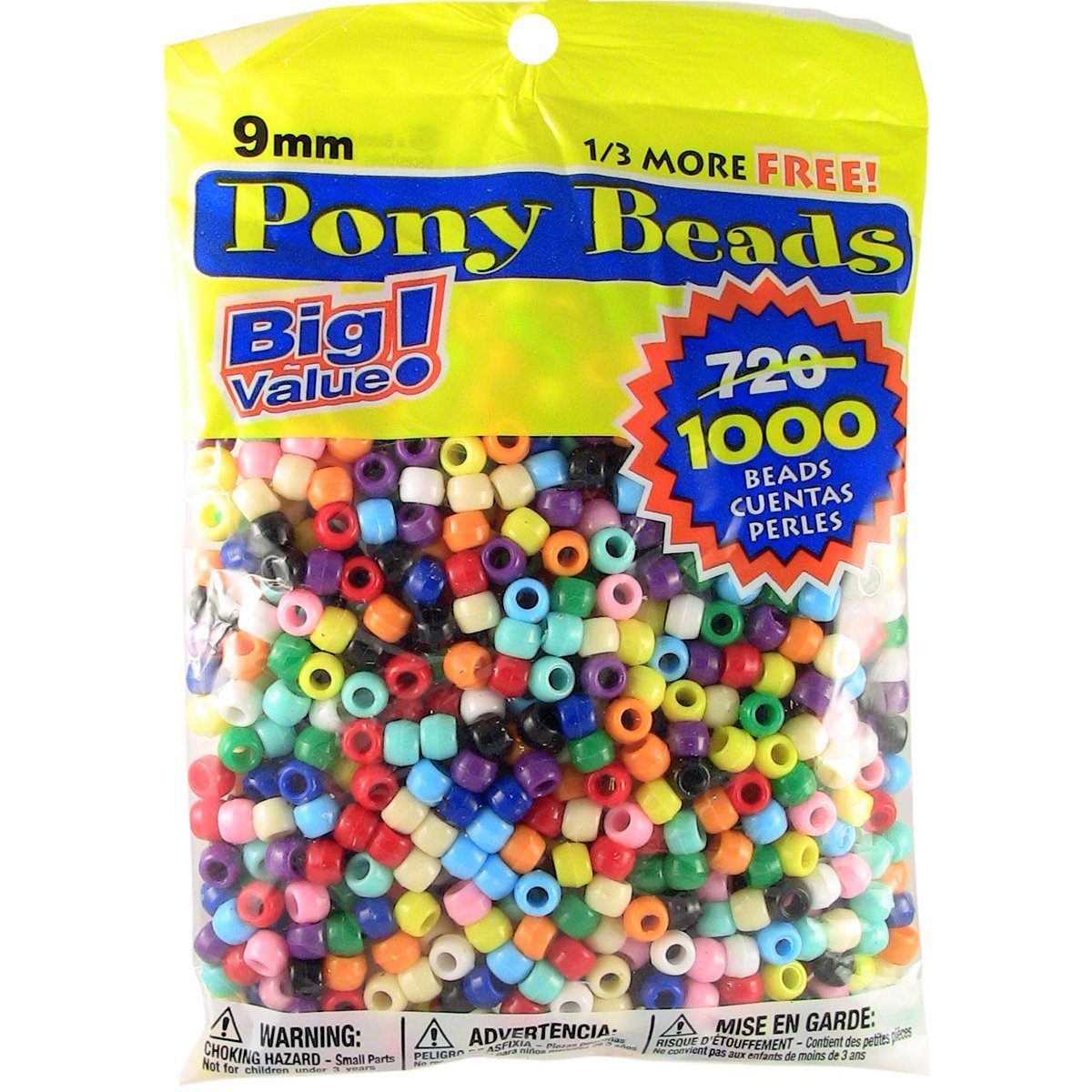 Pony Beads Multi Color 9mm 1000 Pcs in Bag (3 Pack)