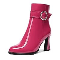 Womens Round Toe Party Fashion Patent Solid Zip Block High Heel Ankle High Boots 3.3 Inch