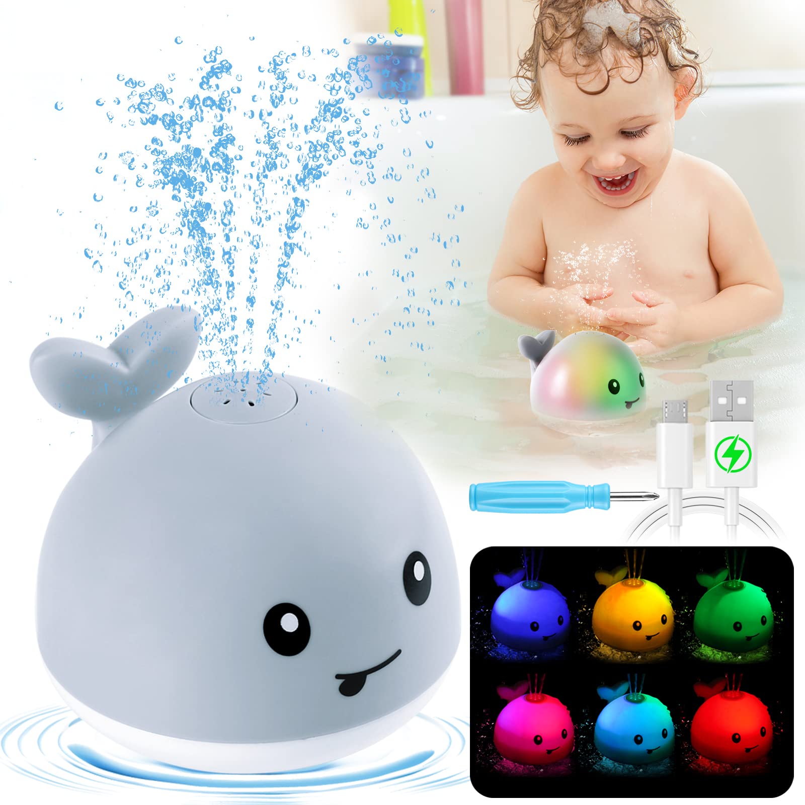 Gigilli Baby Bath Toys, Rechargeable Baby Toys Whale, Light Up Bath Toys, Sprinkler Bathtub Toys for Toddlers Infant Kids Boys Girls, Spray Water Bath Toy, Pool Bathroom Baby Toy