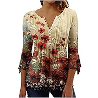 SMIDOW Summer Tunic Tops For Women 2023 Fashion 3/4 Bell Sleeve t-Shirt Bohemian Floral Henley Shirts Empire Waist Blouse