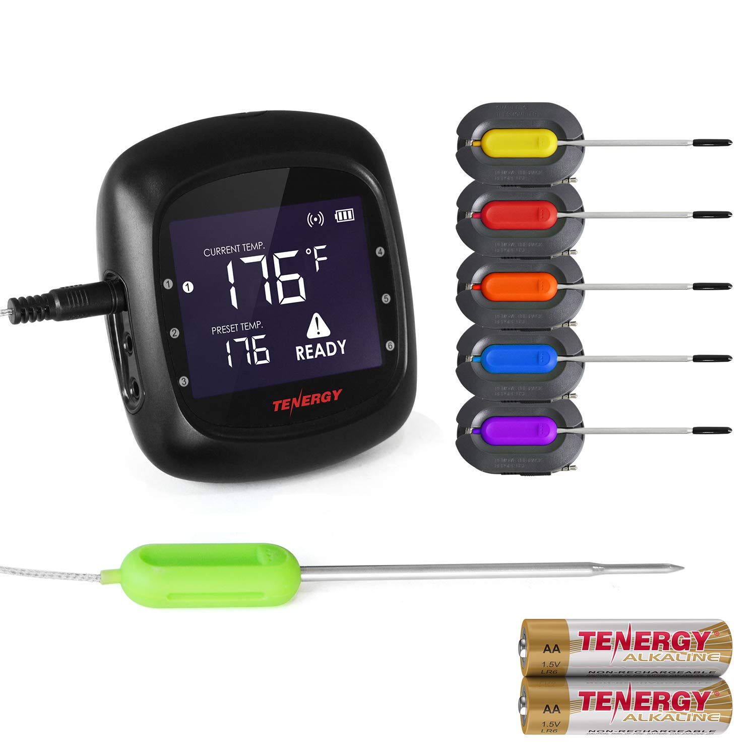 Tenergy Solis Digital Meat Thermometer, APP Controlled Wireless Bluetooth Smart BBQ Thermometer w/ 6 Stainless Steel Probes, Large LCD Display, & C...