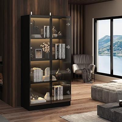FAMAPY Display Cabinet with Glass Doors and Lights, 4-Tier Storage Shelves,  Pop-up Design, Trophy Case Display Cabinet for Collectibles, Display Case