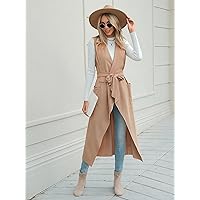 Solid Belted Vest Coat (Color : Apricot, Size : Small)
