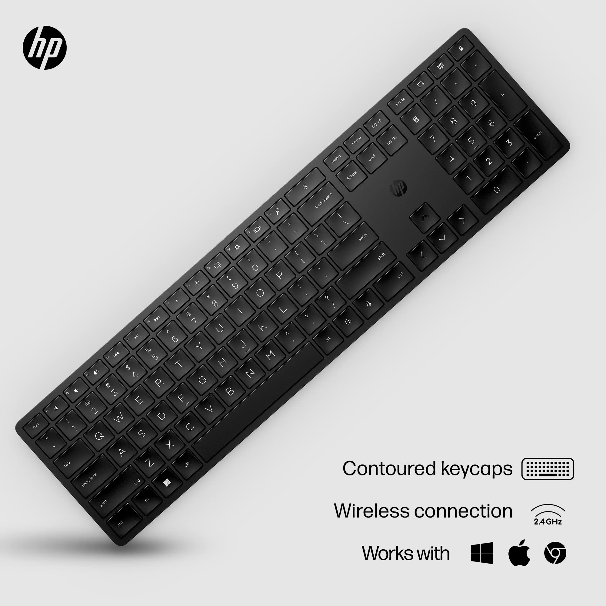HP 450 Programmable Wireless Keyboard - Slim, Ergonomic Design w/Number Pad - Wireless USB - 20 Programmable Keys, 4 LEDs, Chiclet Keys - Up to 2-Year Battery Life - Win, Chrome, MacOS (‎4R184AA#ABL)