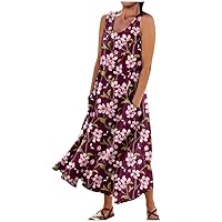 Women's Long Linen Summer Dresses Beach Dresses for Women 2024 Floral Print Bohemian Casual Loose Fit Flowy with Sleeveless U Neck Linen Dress Red Small