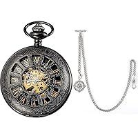 SIBOSUN Pocket Watch for Men Mechanical Skeleton Pocket Watch with Antique Compass Pendant Design Charm Fob T-Bar Chain Silver