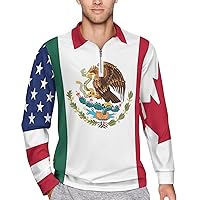 USA Canada Mexico Flags Men's Long Sleeve Polo Shirt Casual Collared Slim Fit Tops