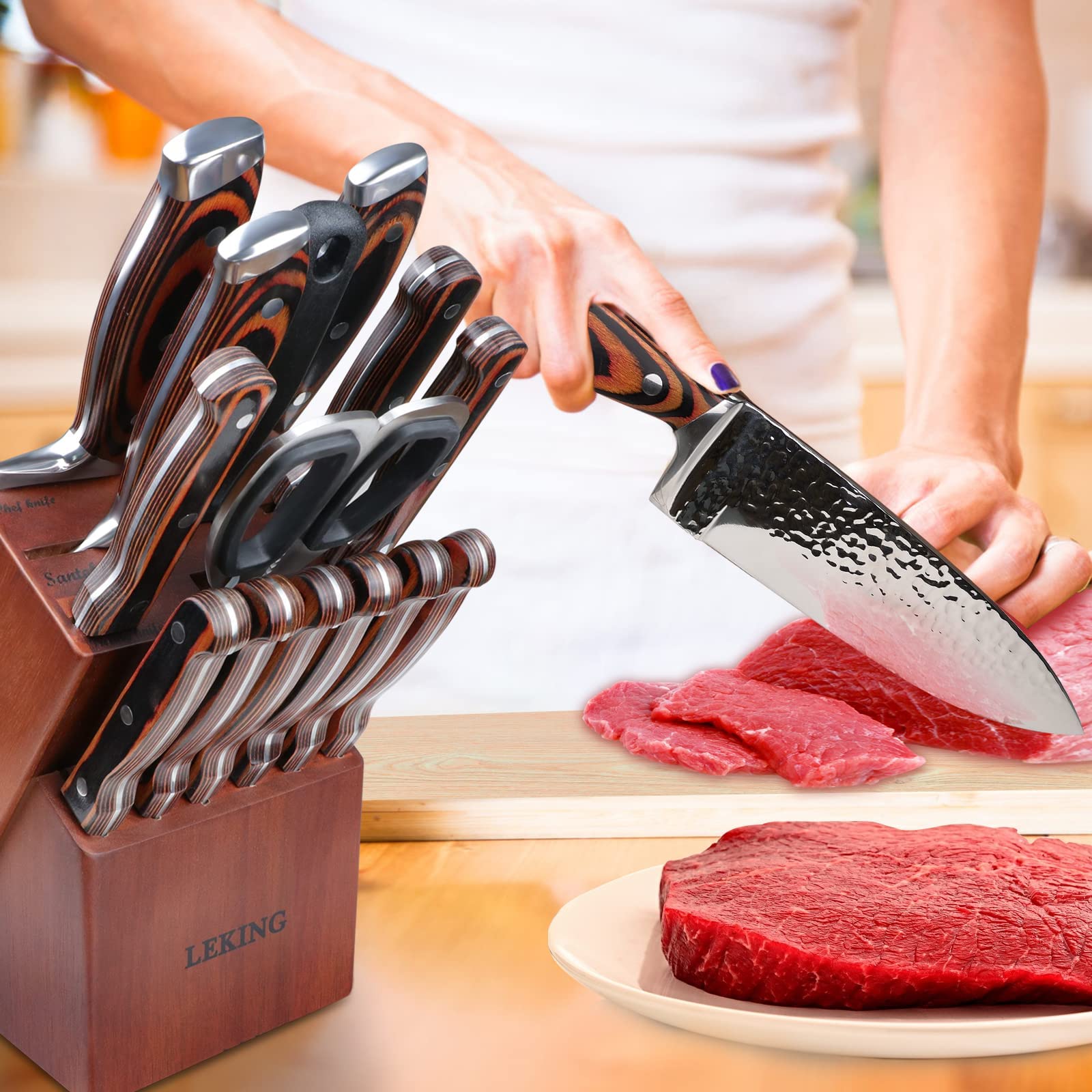 Leking 15-Piece Block Knife Set with Wooden Block, Premium High Carbon Stainless Steel Chef Knife Set with Pakka Wooden Handle, Kitchen Knife Sets with Sharpener, Knives Set, Scissor, 6 Steak Knives