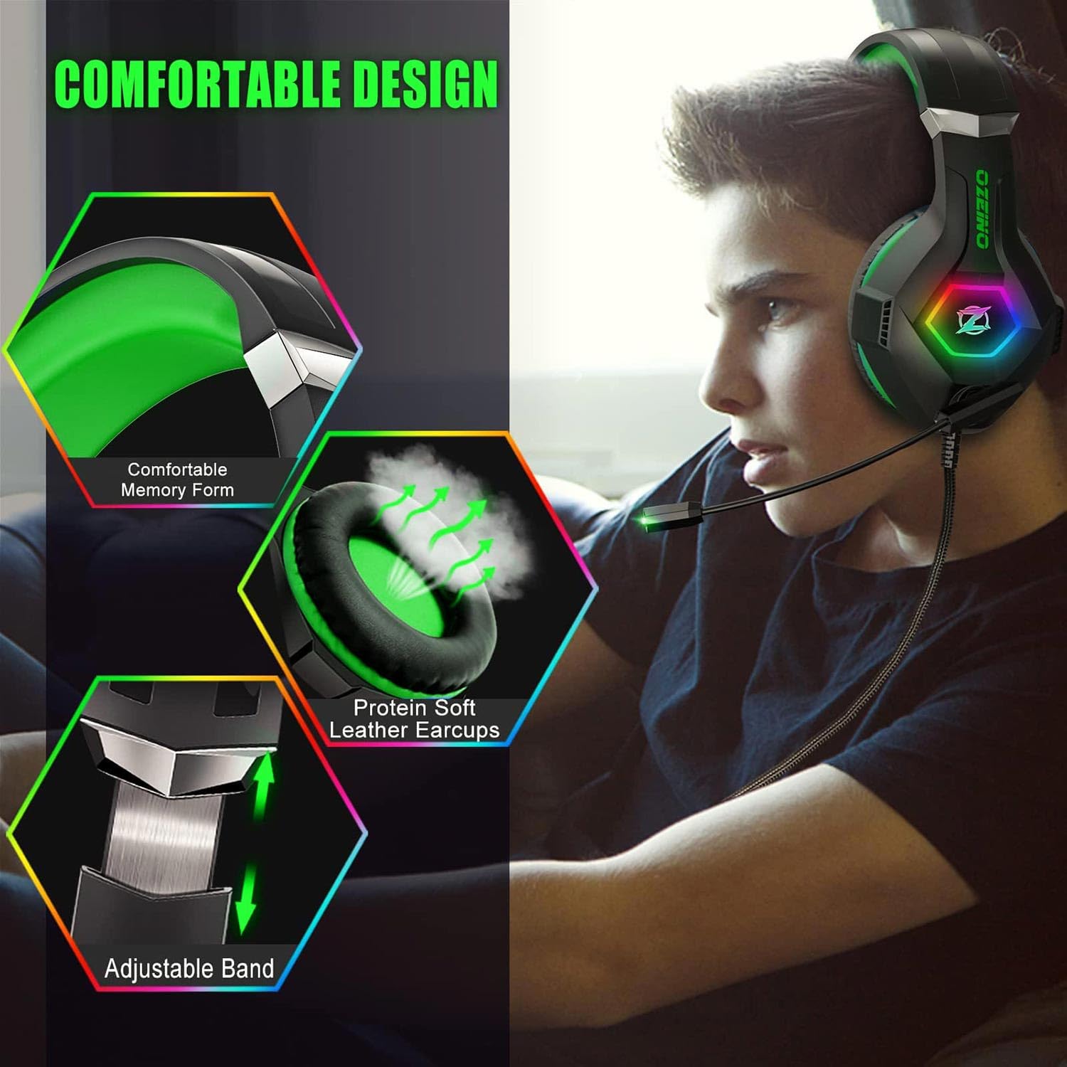 Ozeino Gaming Headset for PC, PS4, PS5, Xbox Headset, Gaming Headphones with Noise Cancelling Flexible Mic RGB Light Memory Earmuffs for Xbox one, Switch, Mac -Green