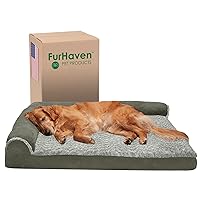 Furhaven Orthopedic Dog Bed for Large Dogs w/ Removable Bolsters & Washable Cover, For Dogs Up to 95 lbs - Two-Tone Plush Faux Fur & Suede L Shaped Chaise - Dark Sage, Jumbo/XL